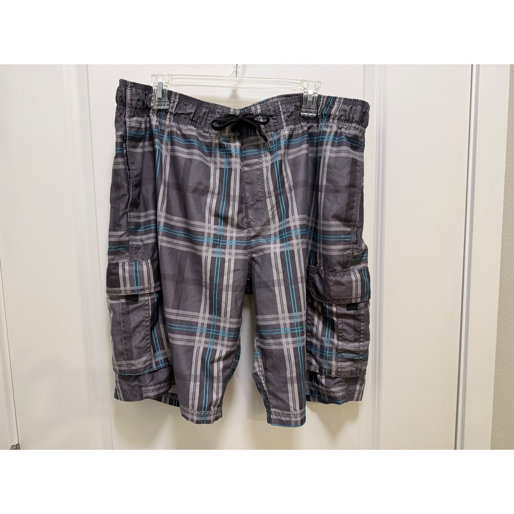 Kanu Surf Mens Grey Turquoise Plaid Cargo Board Shorts Swim Trunks Size L